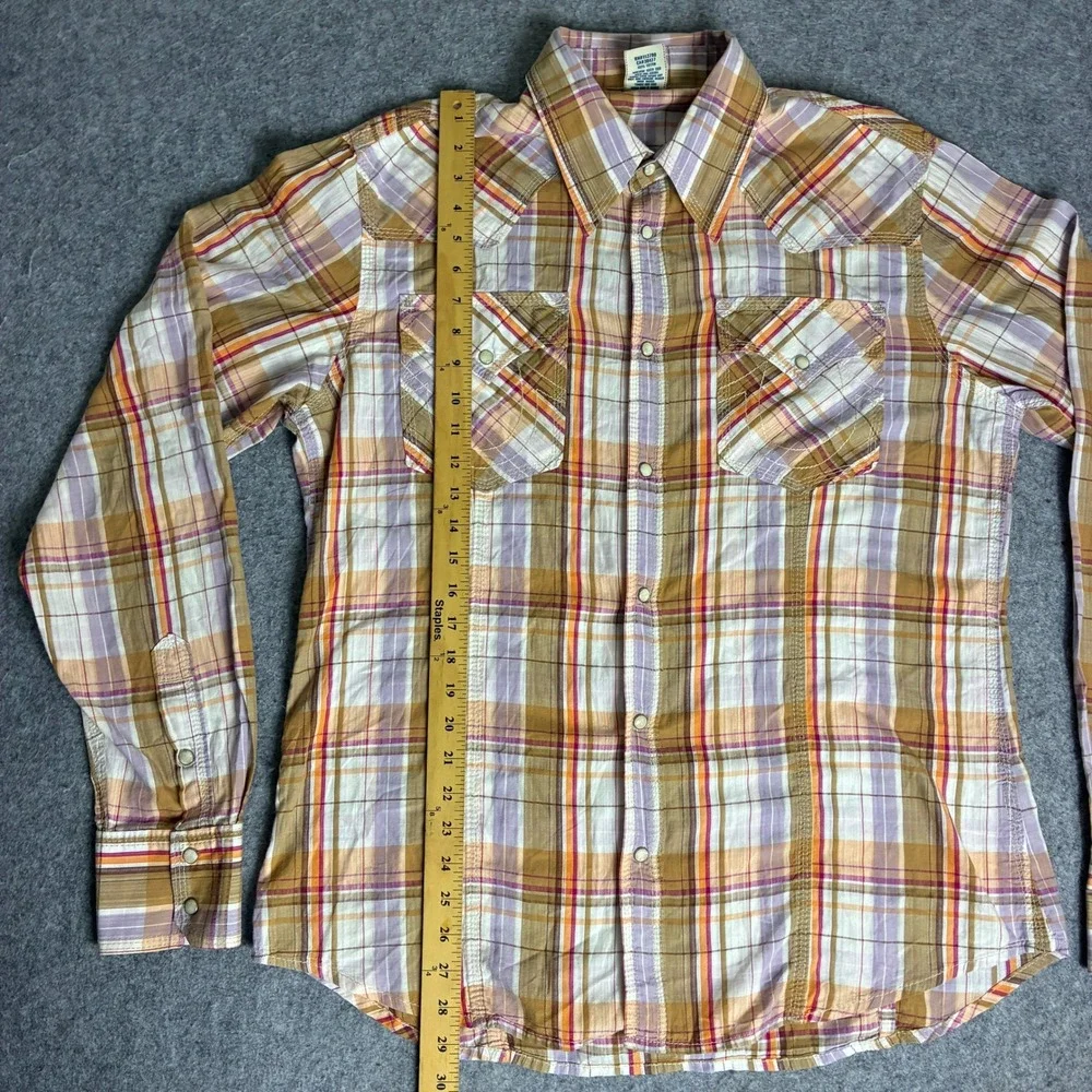 True Religion Mens XXL Western Snap Plaid Shirt Orange Purple Cotton Long Sleeve